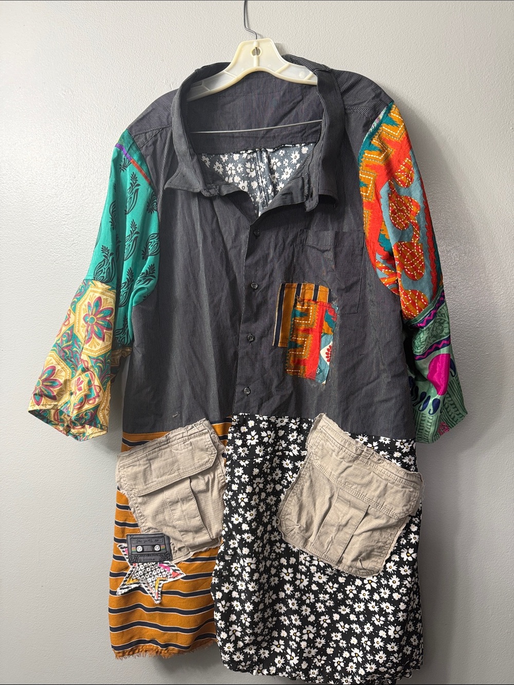reworked patchwork button-up shirt oversized boho upcycled sleeves 1x/2x